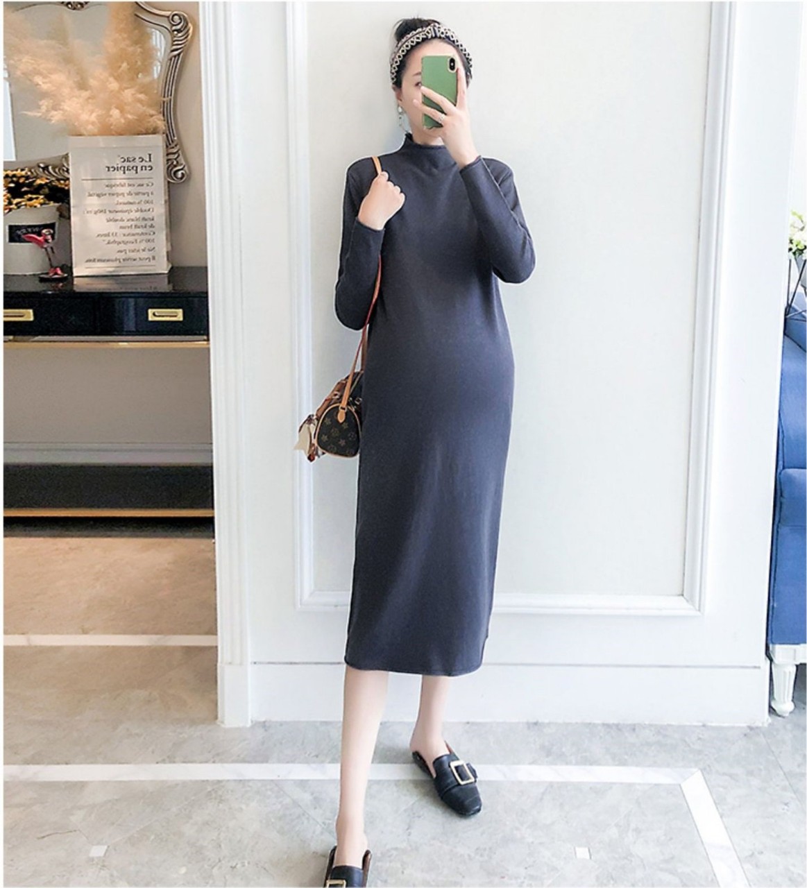 Đầm bầu len dáng dài form ôm cá tính hàng qc 0416-024