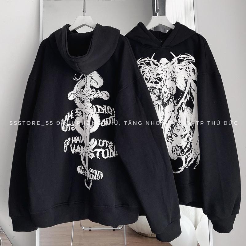 Áo Hoodie nỉ vah v2 màu đen form rộng unisex nam nữ
