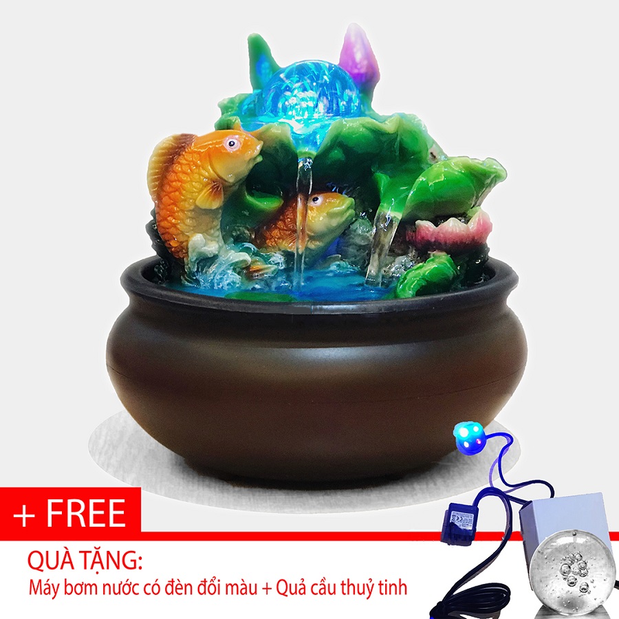 Hình ảnh Thác nước phong thủy để bàn cá chép vàng tài lộc vượt vũ môn tặng kèm máy bơm và quả cầu thủy tinh