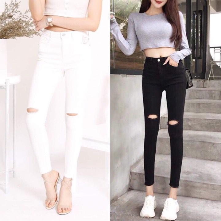 Quần kaki nữ rách gối màu trắng và đen