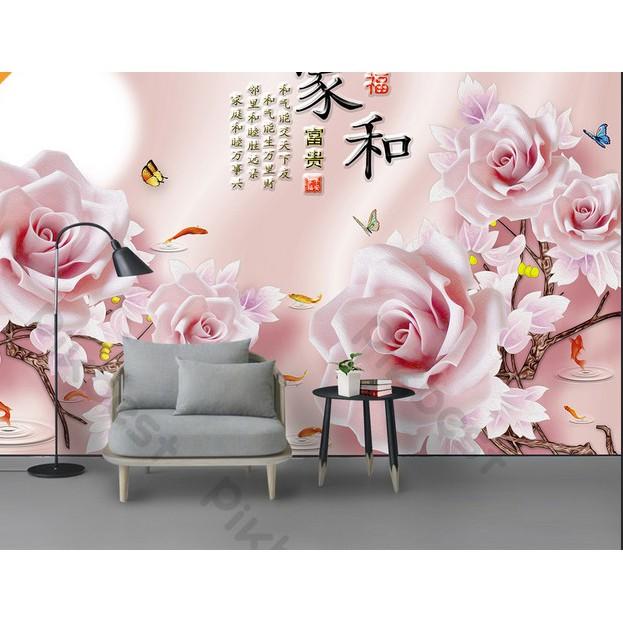 Tranh dán tường Hoa hồng và đàn cá bơi lội, Tranh dán tường 3d hiện đại MS1164471