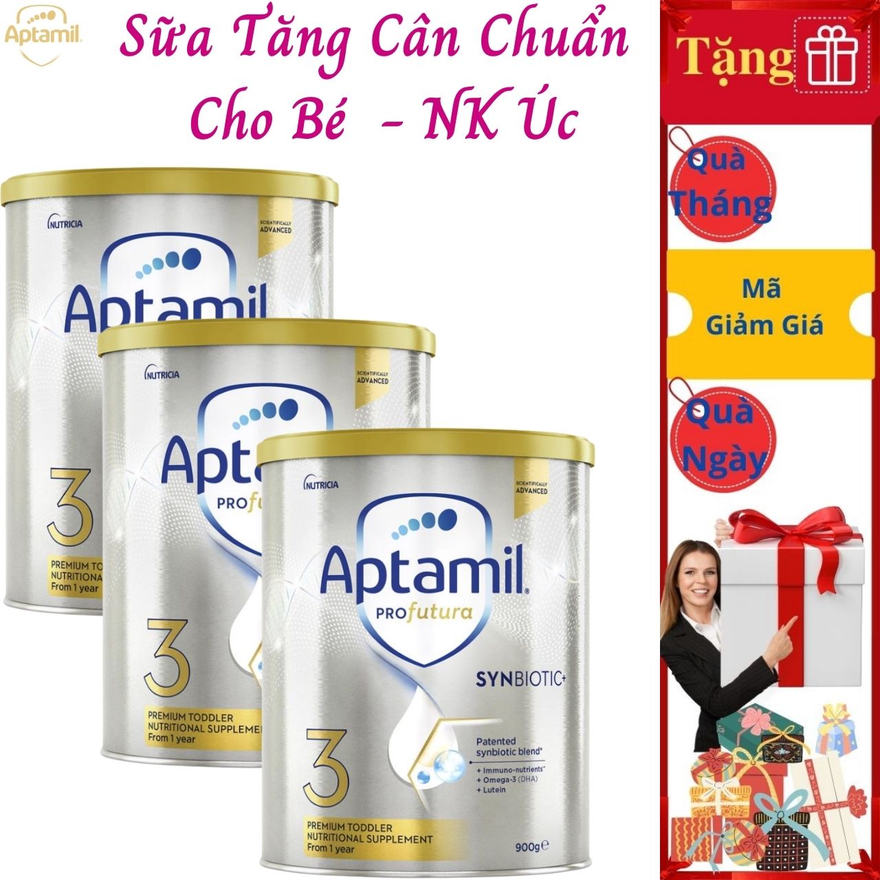 Sữa Tăng Cân Cho Bé Aptamil Profutura Synbiotic 4 NK Úc Giàu Dưỡng Chất Gồm Các Nhóm Vitamin, Khoáng Chất, Omega-3, Men Vi Sinh Giúp Bé Phát Triển Chiều Cao, Cân Nặng, Trí Não, Hỗ Trợ Tiêu Hóa Tốt, Tăng Chức Năng Hệ Miễn Dịch – 3 Hộp x 900g