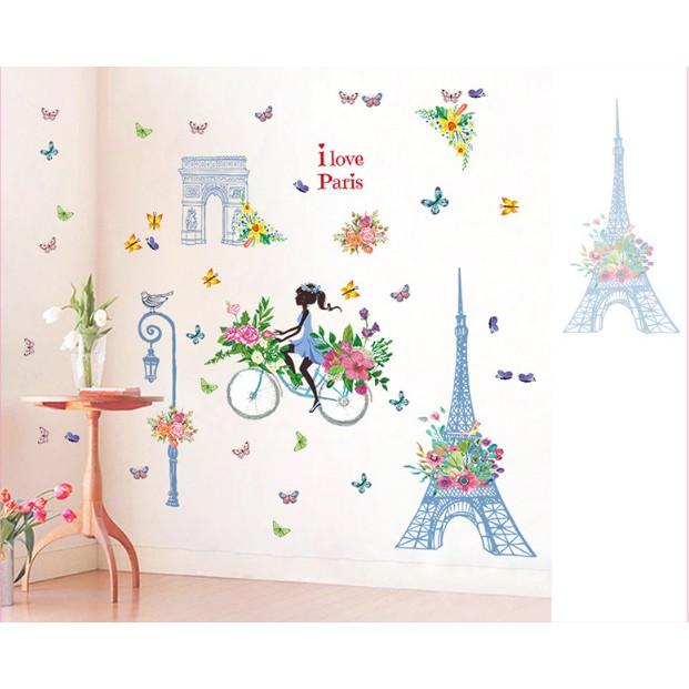 Decal trang trí tường - Tháp Xanh Cô Gái Xe Đạp Hoa