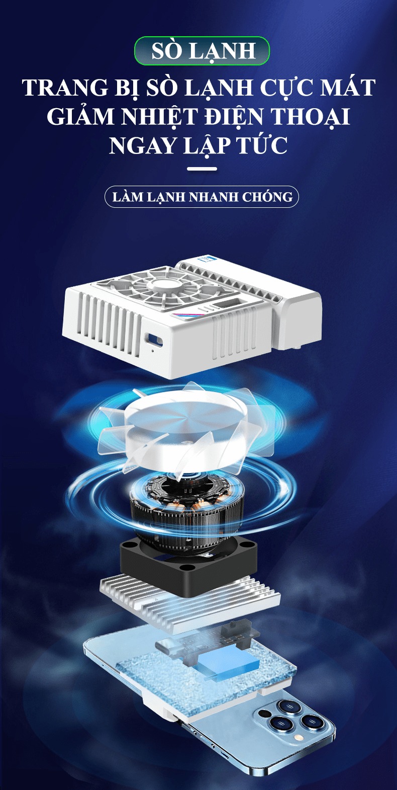 Quạt tản nhiệt điện thoại S5 có trang bị sò lạnh làm mát cực nhanh kèm theo đèn led RGB tự đổi màu - VL