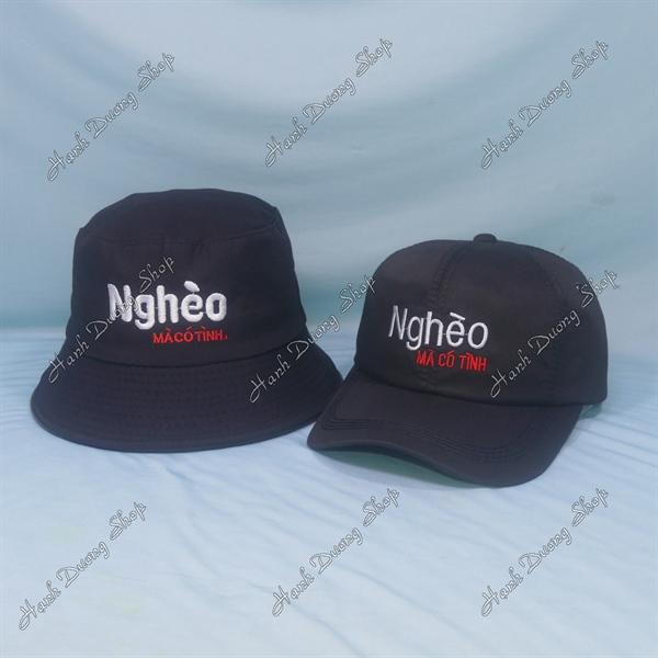 Set Nón Cặp Bucket &amp; Cap Nghèo Mà Có Tình (NGH01); (KMC01) - Đen
