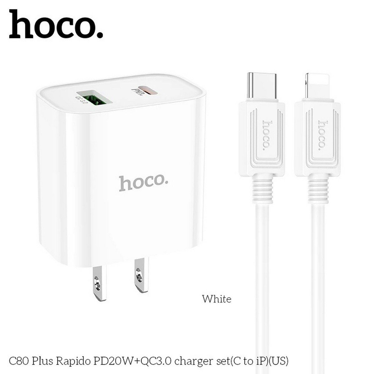 Bộ Sạc Nhanh Dành Cho Hoco. C80 Plus PD20W QC3.0 2 Cổng Sạc Type-C + USB-A Kèm Cáp Type-C To IP Dài 1m Hàng Chính Hãng