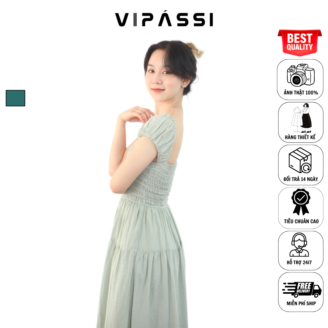 VIPÁSSI Đầm Linen Cộc Tay Dáng Dài Trễ Vai Nhún Thun Smocking Tùng Xòe Màu Xanh Bạc Hà