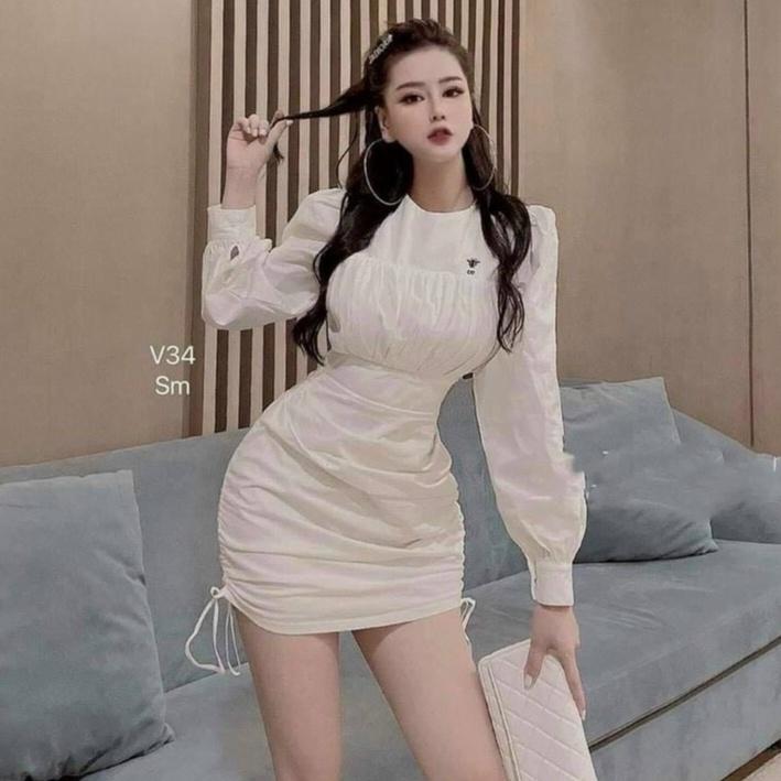 Gunkaymatter Đầm Nữ Ôm Body Xếp Ly Cổ Tròn Tay Dài Rút Dây 2 Bên Hông Thời Trang Nữ Màu Sắc Nhã Nhặn