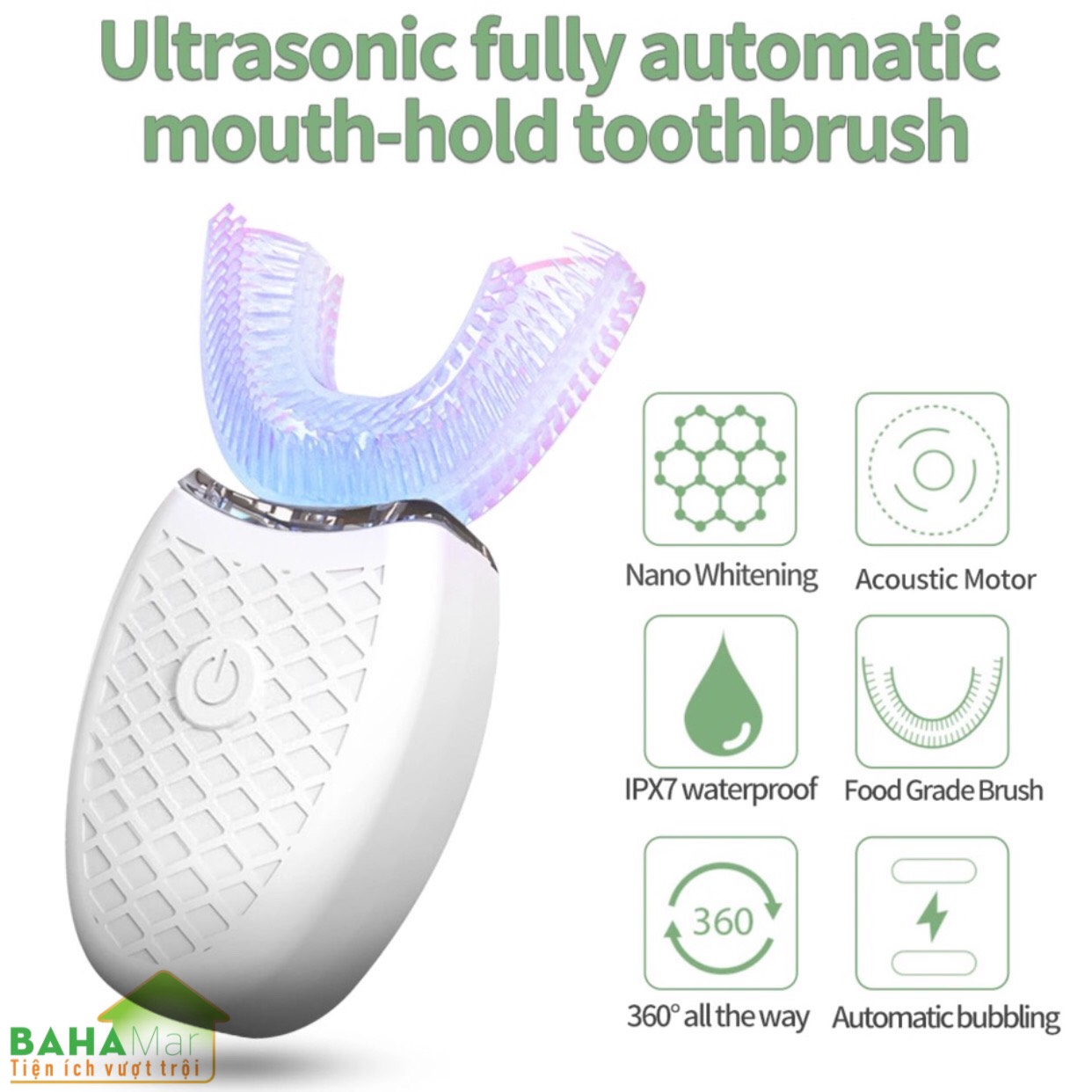 BÀN CHẢI ĐÁNH RĂNG ĐIỆN TỰ ĐỘNG CHỮ U 360 ĐỘ CÓ ÁNH SÁNG XANH KHỬ TRÙNG BAHAMAR làm cho việc đánh răng trở nên dễ dàng và sạch sẽ toàn bộ mặt trước