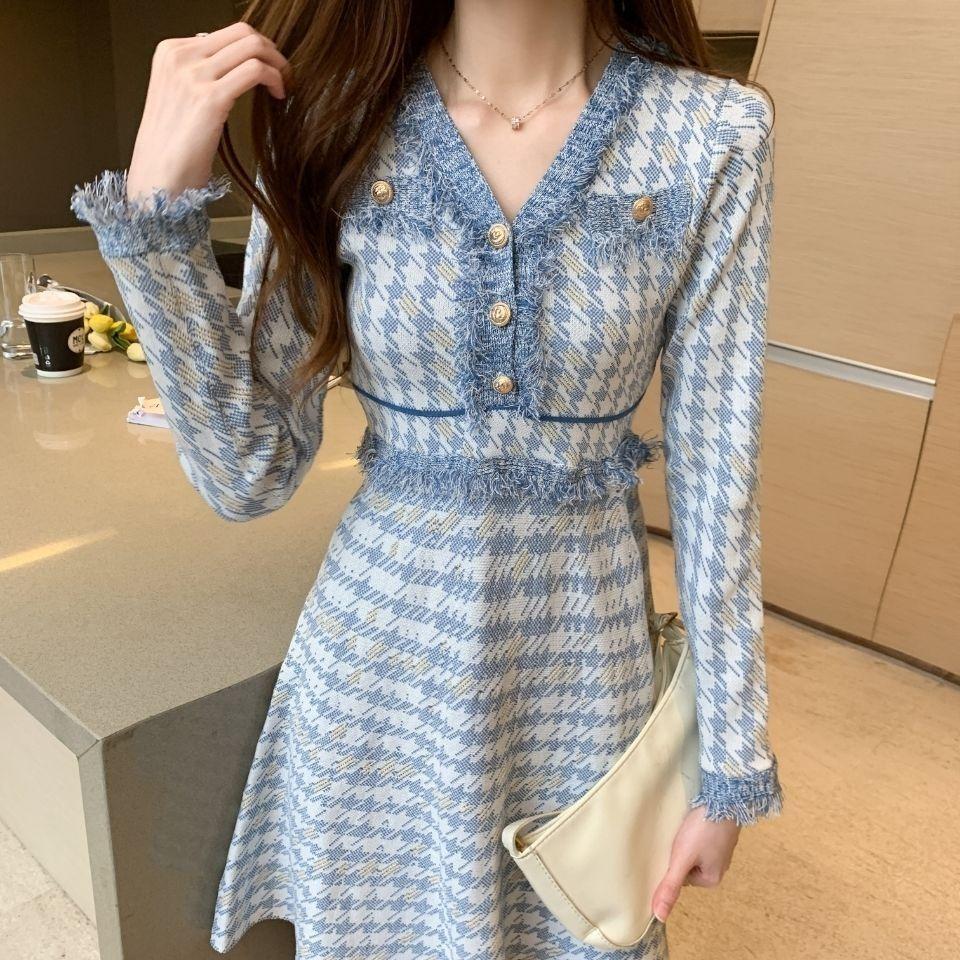 Đầm Dài Tay Cổ Chữ V Họa Tiết Houndstooth Thời Trang Mùa Thu 2022 Sang Trọng Cho Nữ