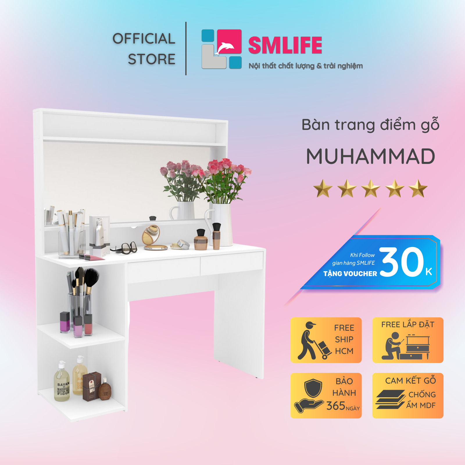 Bàn trang điểm gỗ hiện đại SMLIFE Muhammad | Gỗ MDF dày 17mm chống ẩm | D120xR45xC140cm