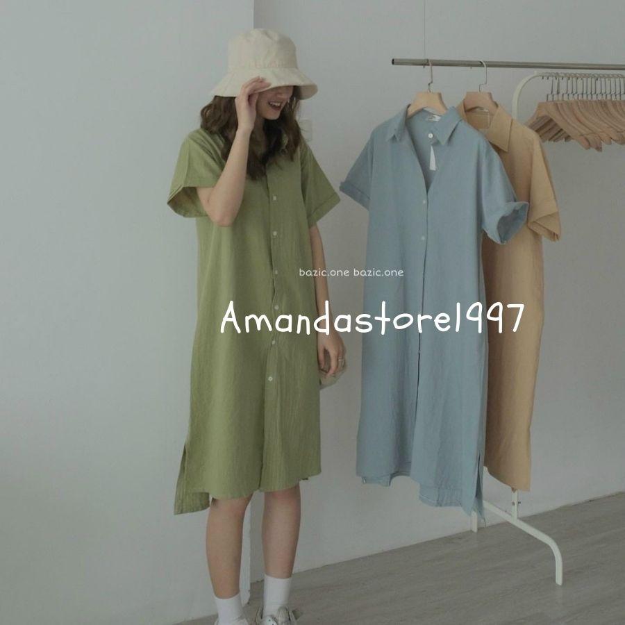 {Amanda} Váy sơ mi cộc tay from rộng vạt lệch hàn quốc, dây thắt nơ eo
