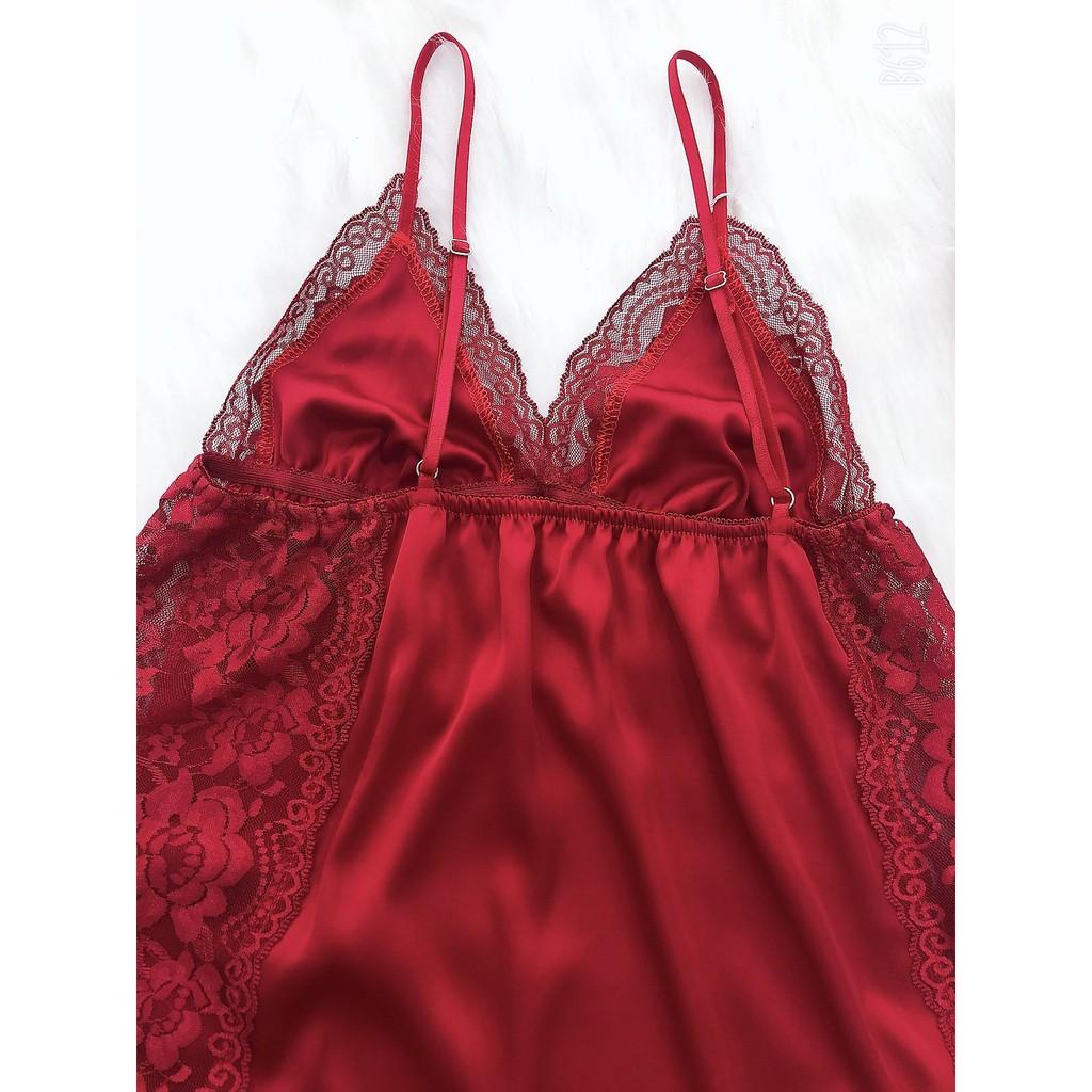 Váy ngủ lụa phối ren hông 2 bên sexy-Màu đỏ