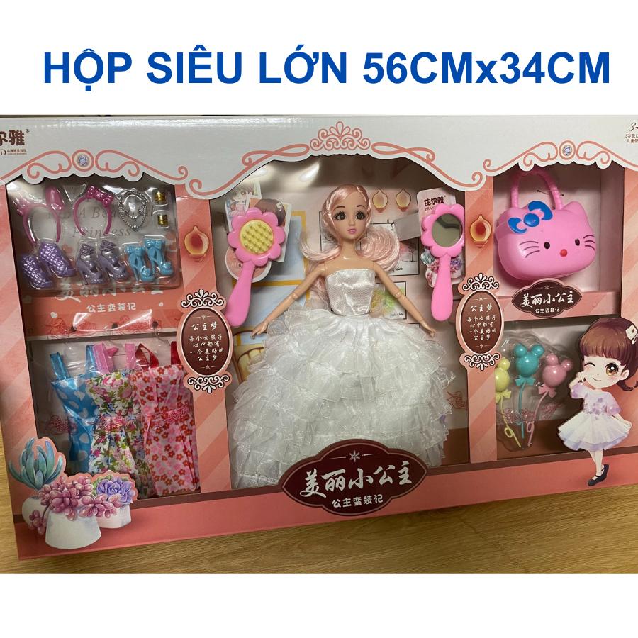 Búp bê công chúa, búp bê barbie hộp siêu lớn 56x34cm gồm 03 váy, 03 giày, trang sức và phụ kiện cho bé gái