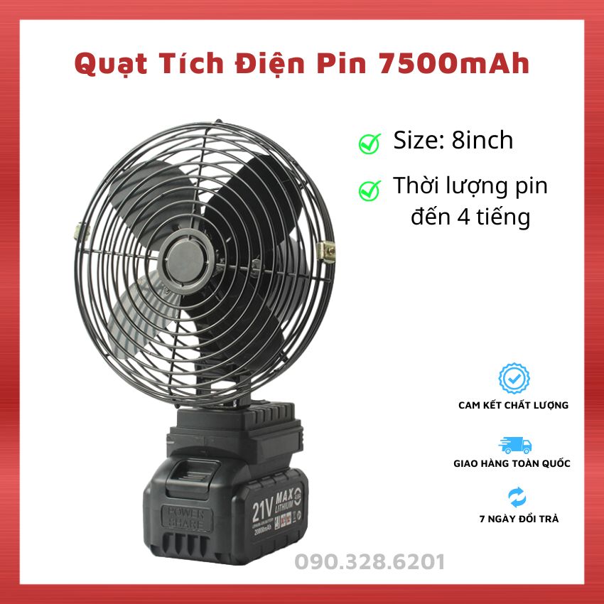 Quạt Sạc Điện Mini 8inch Pin Lithium 7500mAh Dùng Đến 4 Tiếng, Quạt Tích Điện Để Bàn