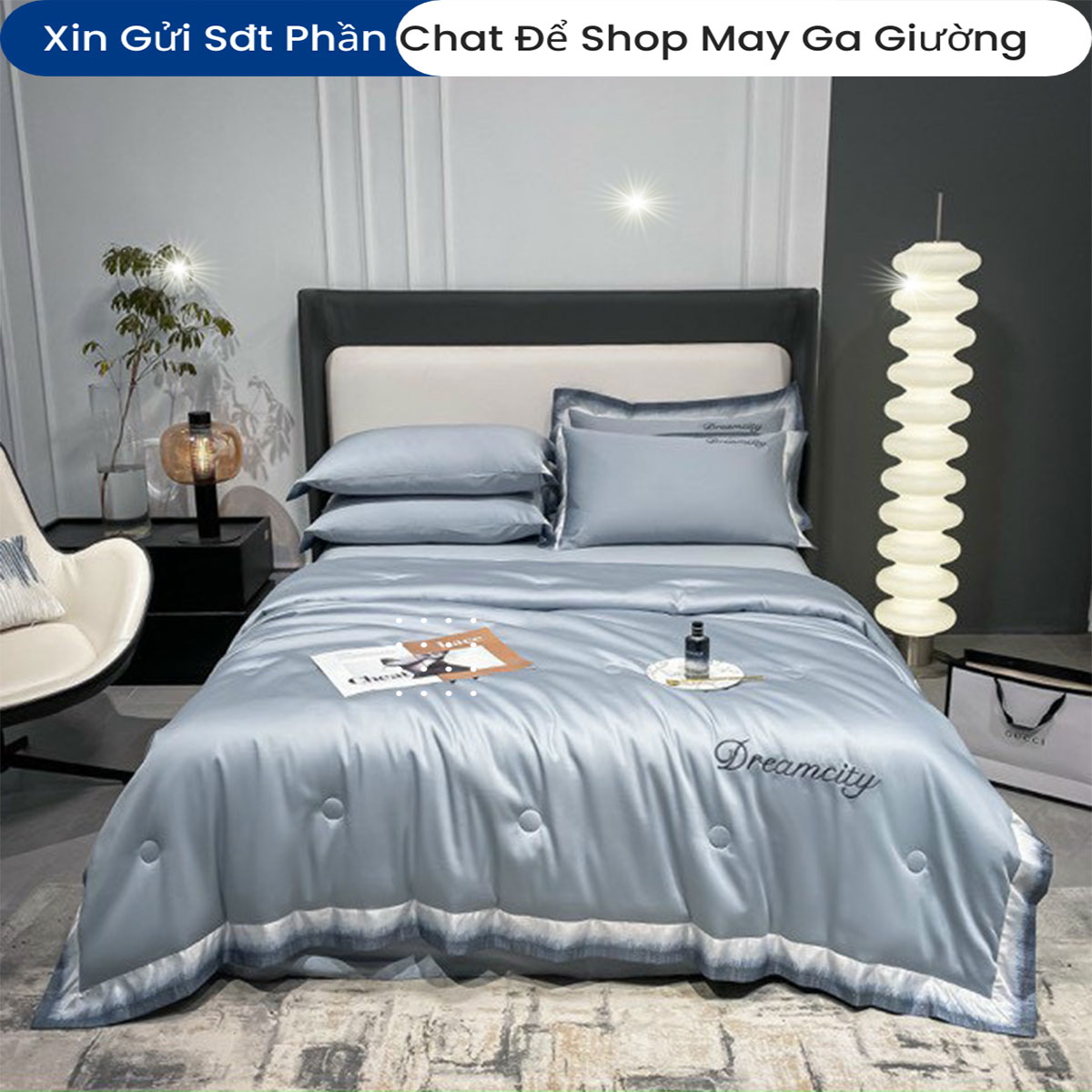 Bộ Chăn Ga Gối Đệm Lụa 5 Món Tencel Dream City Cao Cấp Chăn Chần Bông Lụa Mềm