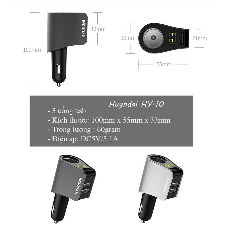 Bộ Chia Tẩu, Tẩu sạc Hyundai cao cấp 1 tẩu tròn , có màn hình LED hiển thị điện áp - Hàng Chất Lượng