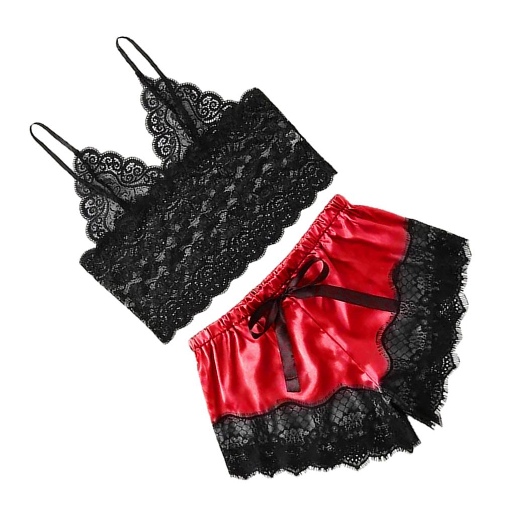 Women Sexy Lace Vest Crop Tops Panty Lingerie Sleepwear Red S