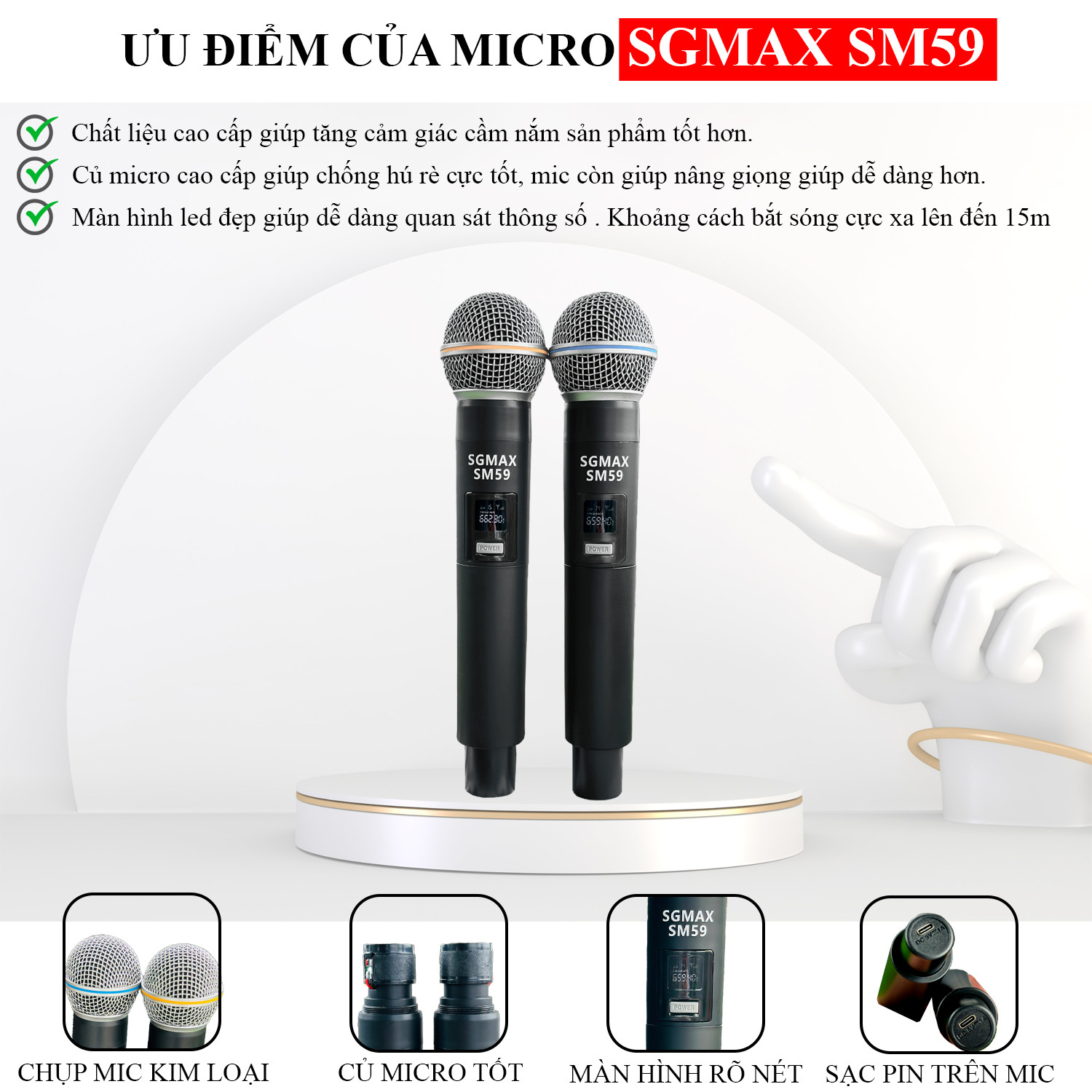 SGMax SM59- Micro Karaoke Không Dây Chính Hãng Chống Hù Rè Tốt Hỗ Trợ Nâng Giọng Hát Khi Hát Sạc Pin Trực Tiếp Trên Micro Bắt Sóng Xa Đến 15m hàng chính hãng