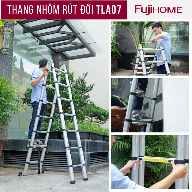 Thang nhôm FUJIHOME TLA08 rút gọn chữ A nhập khẩu, Chiều cao tối đa 5m, Đế cao su