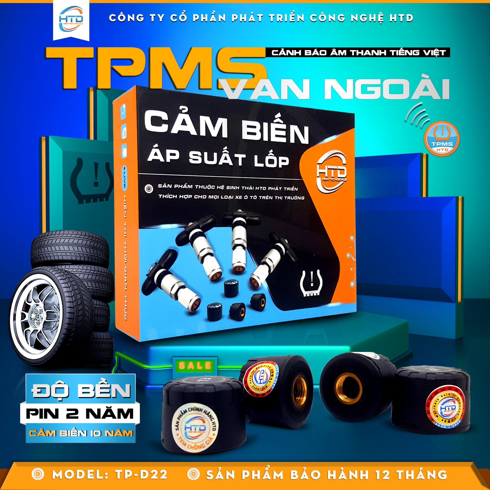 Cảm biến áp suất lốp HTD BLE 5.0 TPMS TP-D22 dành cho ô tô - Hàng chính hãng