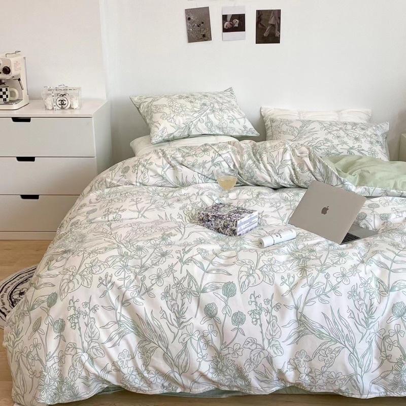 Bộ Chăn Ga Gối Cotton Living 100% Cotton Hàng Nhập Khẩu Cao Cấp 4 Món Hoa Xanh