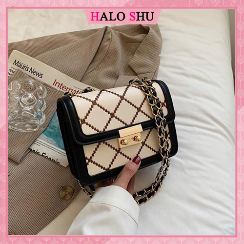 Túi xách nữ, túi đeo chéo dây phối xích, họa tiết thêu trám cao cấp HALO SHU mã DC003