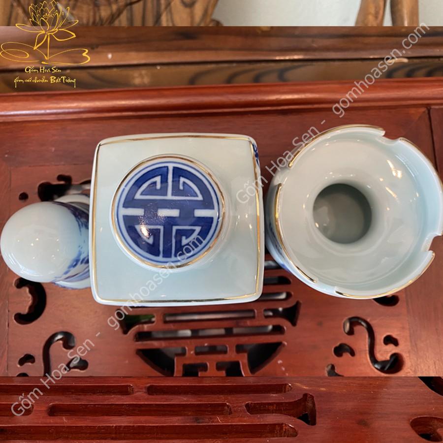 Phụ kiện lọ trà , gạt tàn , ống tăm sứ Bát Tràng cảnh trúc lâm thất hiền viền vàng 24k
