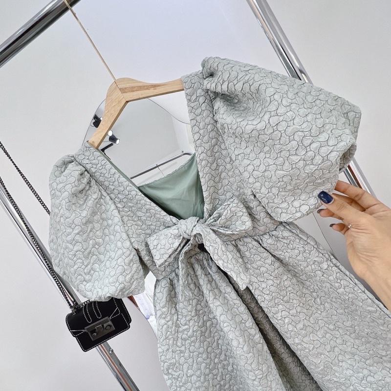 Đầm babydoll tay phồng cột nơ lưng chất xốp gân nổi , váy nữ dịu dàng nữ tính Hàn Quốc midushop88 ( hình thật)