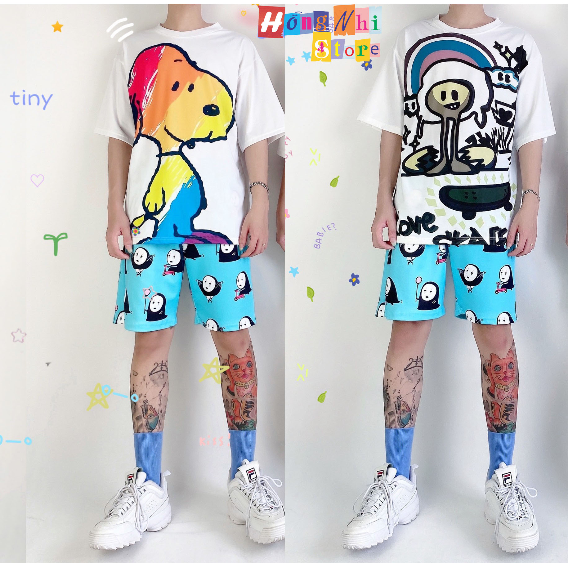 Quần Short Cartoon Unisex Màu Xanh - Quần Đùi Hoạt Hình Siêu Cute - MM