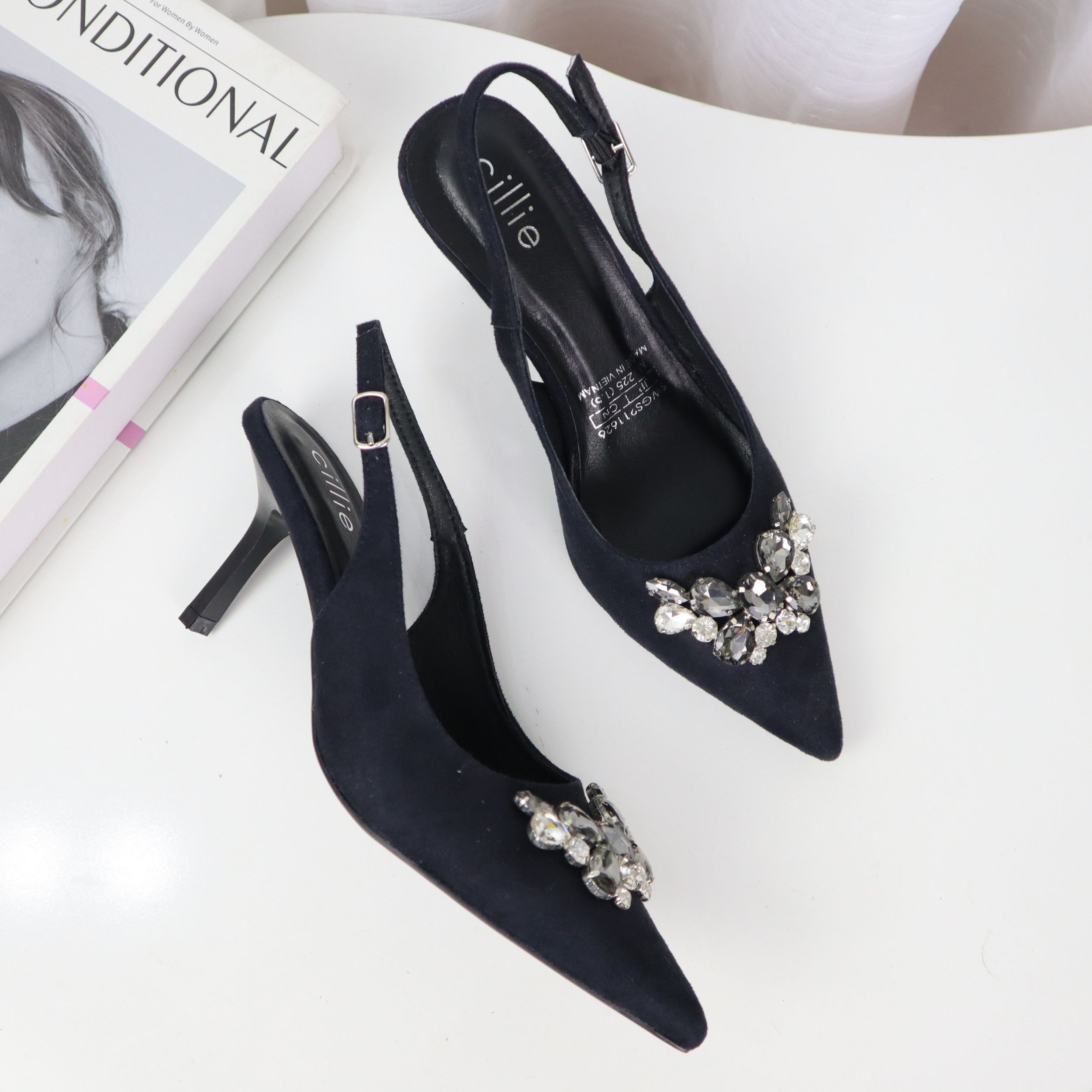 Giày cao gót slingback nữ mũi nhọn thời trang đính đá nổi bật gót nhọn thanh lịch cao 7cm đi tiệc đi làm Cillie 1111