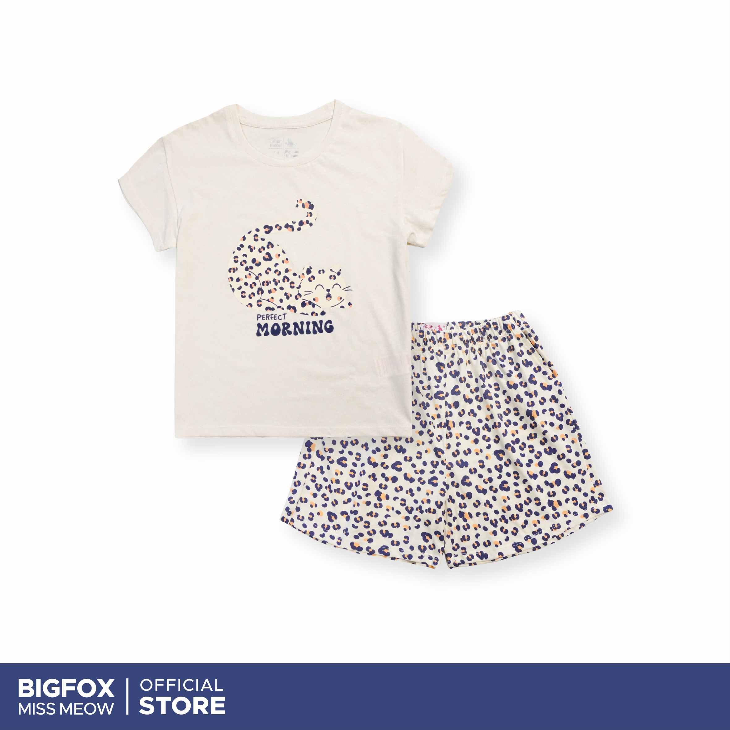 Bộ cộc tay bé gái Bigfox Miss Meow size đại áo thun ngắn tay quần đùi cotton in mèo cỡ 3-11 tuổi