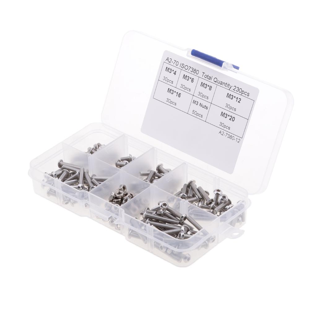 230 Pieces M3 Stainless Steel Button Head Hex Socket Screw & Hex Nuts Kit with Plastic Box