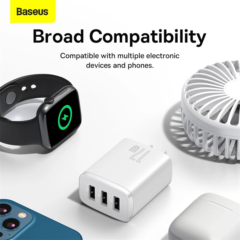 Cóc củ sạc nhanh 17W đa năng 3 cổng USB A hiệu Baseus Compact Charger 3U trang bị chip sạc thông minh, công nghệ tản nhiệt BCT, chân cắm US-UK - hàng nhập khẩu