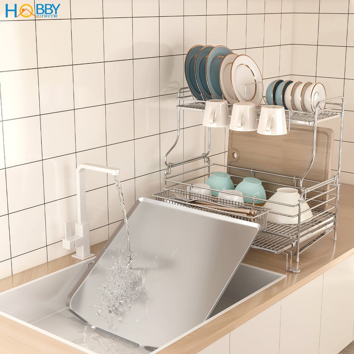 Kệ chén 2 tầng đa năng co giãn inox 304 cao cấp Hobby home decor KC5