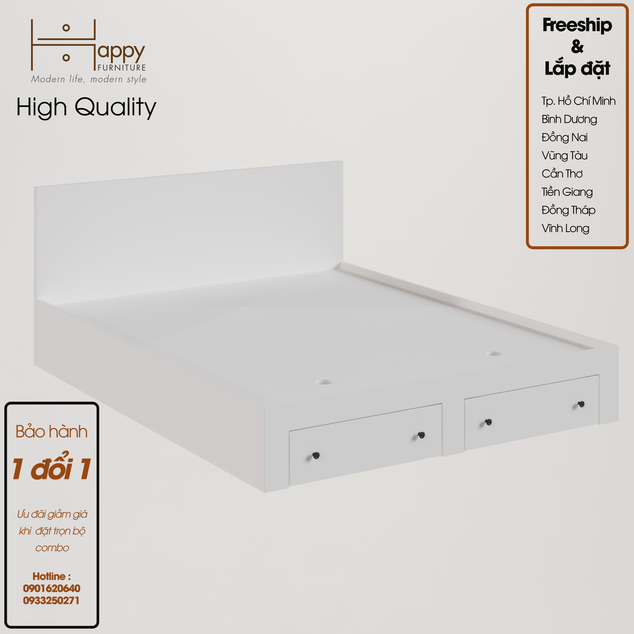 [Happy Home Furniture] CANA, Giường ngủ - 2 ngăn kéo đựng đồ, GNG_009, GNG_010, GNG_011, GNG_012