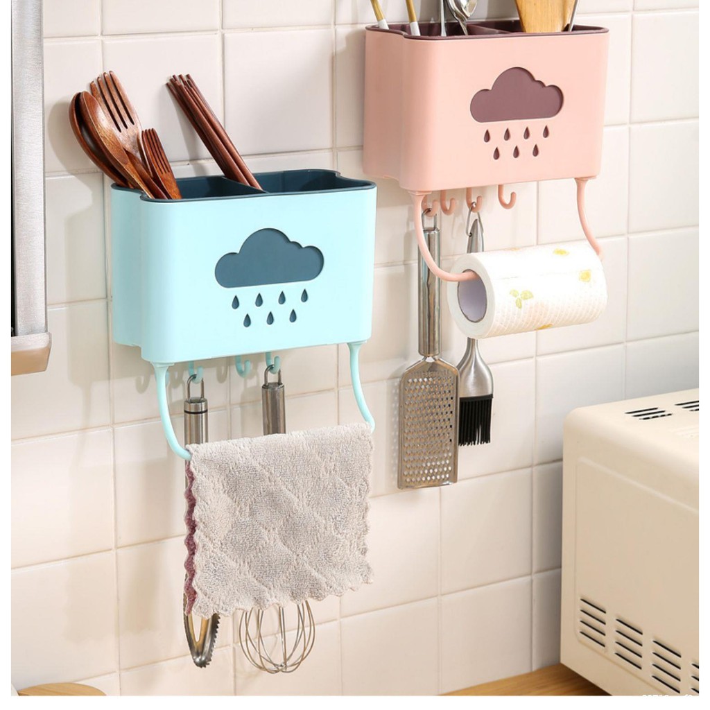 Ống đựng muỗng đũa thìa gia đình thiết kế treo tường tiết kiệm diện tích, thiết kế 2 lớp dày đẹp chắc chắn có kèm các móc treo và thanh phơi khăn tiện lợi thông minh