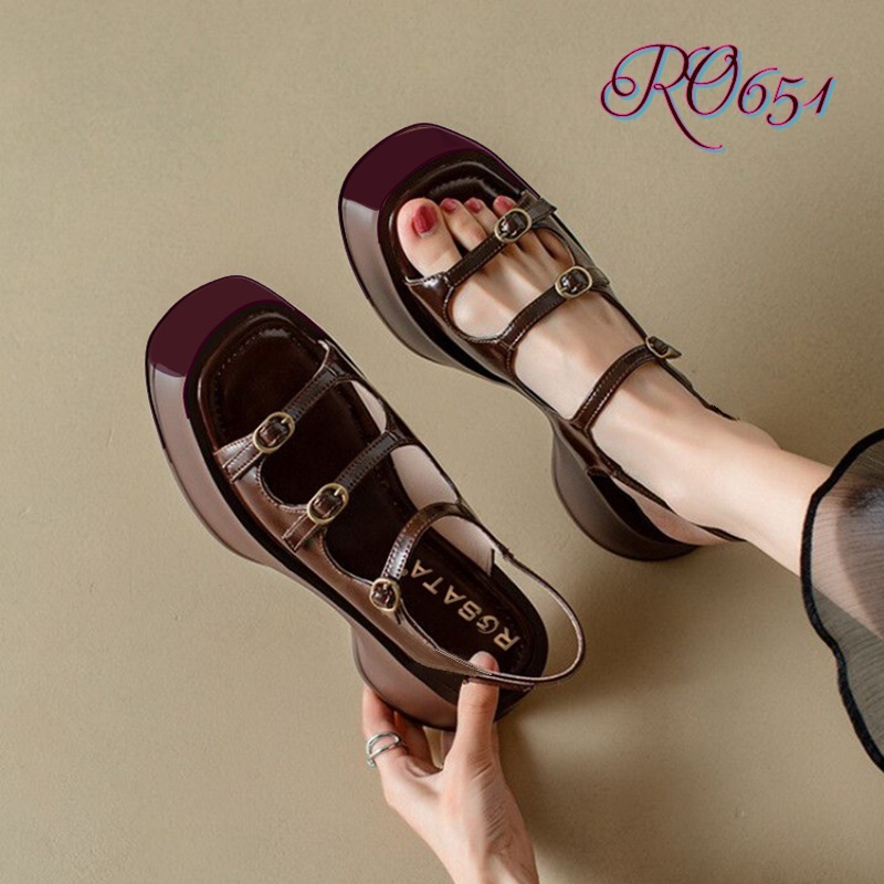 Giày sandal nữ đế xuồng 4 phân hàng hiệu rosata hai màu đen nâu cao cấp thời trang ro651