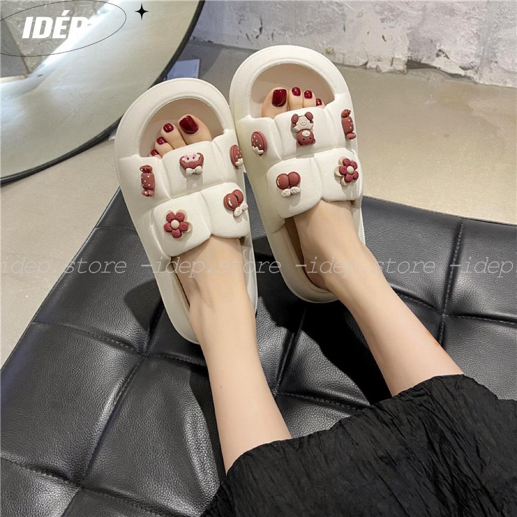 Dép bánh mì vuông sticker GẤU HOA NÂU nữ quai ngang cao 3cm chất EVA siêu nhẹ iDÉP- DL284