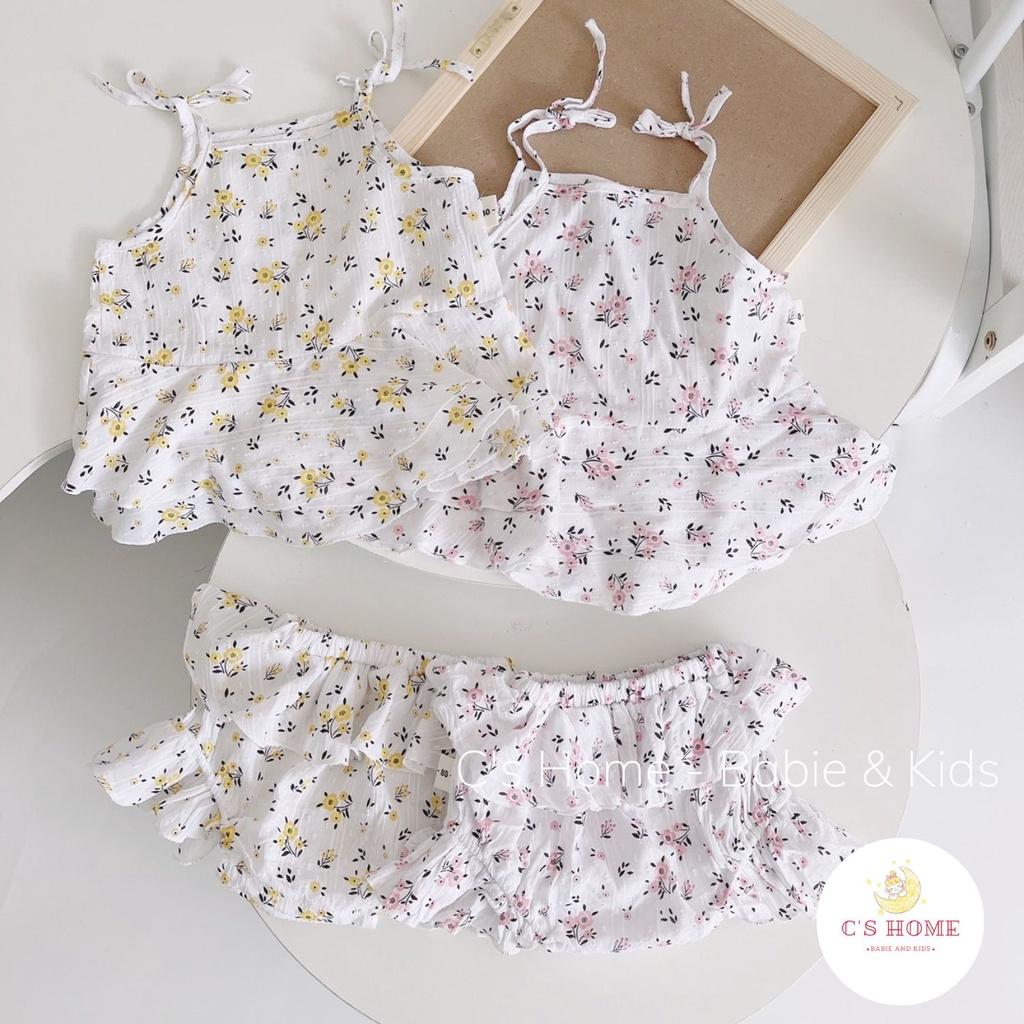 Set áo 2 dây quần đùi chip họa tiết hoa nhí cho bé gái siêu xinh, vải thô mềm, thoáng mát size 6 - 15 kg