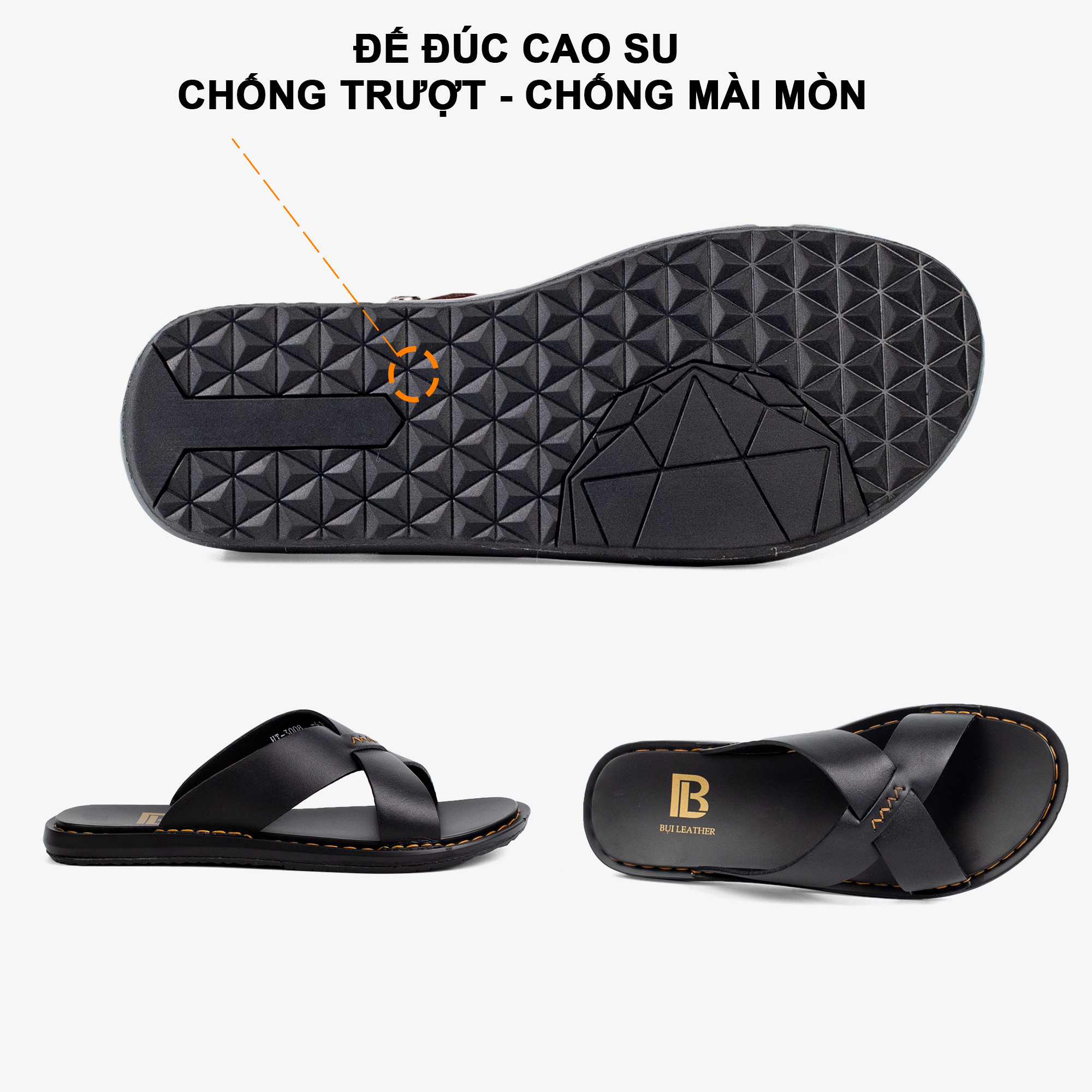 Dép nam quai ngang da bò Nappa cao cấp Bụi Leather E103, đế đúc nguyên khối khâu viền thủ công đi êm chân, Bảo hành 12 Tháng