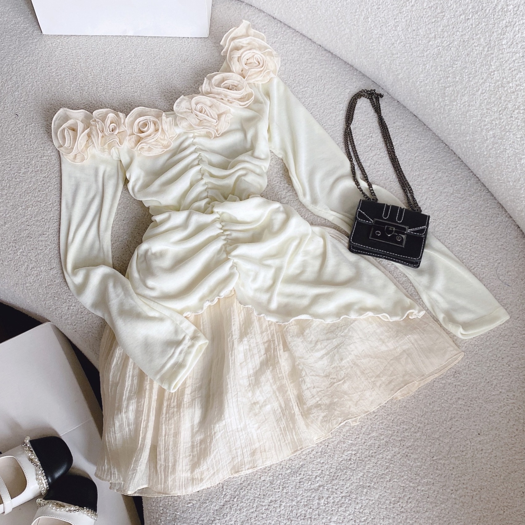 ĐẦM SET ÁO TRỄ VAI ÔM BODY TAY DÀI + CHÂN VÁY NGẮN LƯNG CAO CHỮ A ĐI CHƠI ĐI TIỆC NOEL DẠO PHỐ ĐI BIỂN
