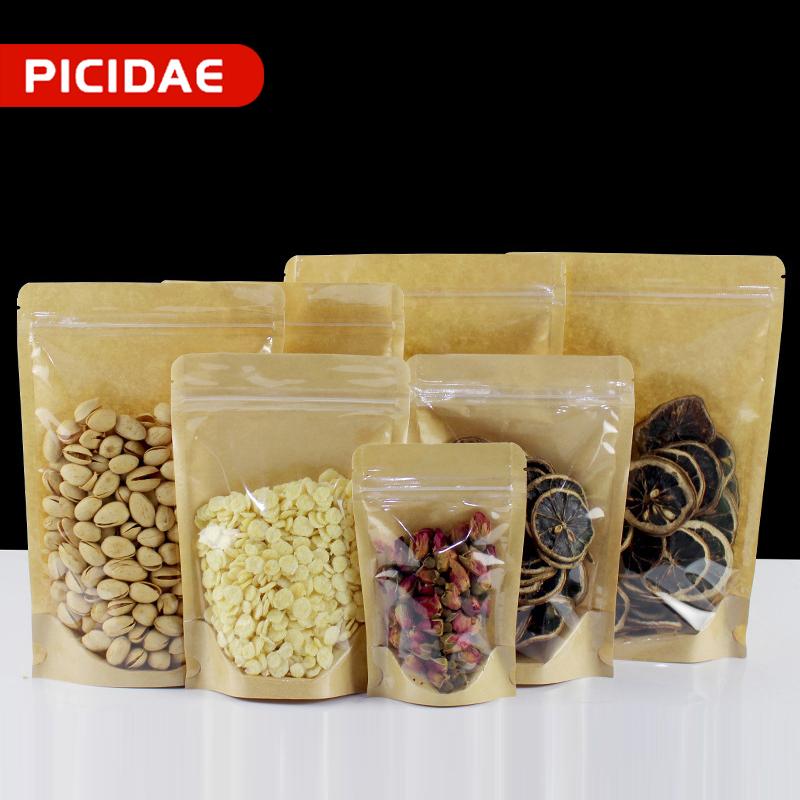 Bộ 100 Giấy Kraft Đứng Túi Họa Tiết Dây Kéo Túi Ziplock Trà Khô Hàng Trái Cây Lại Hàn Miệng Túi ngày Lễ Thực Phẩm Đóng Gói Túi