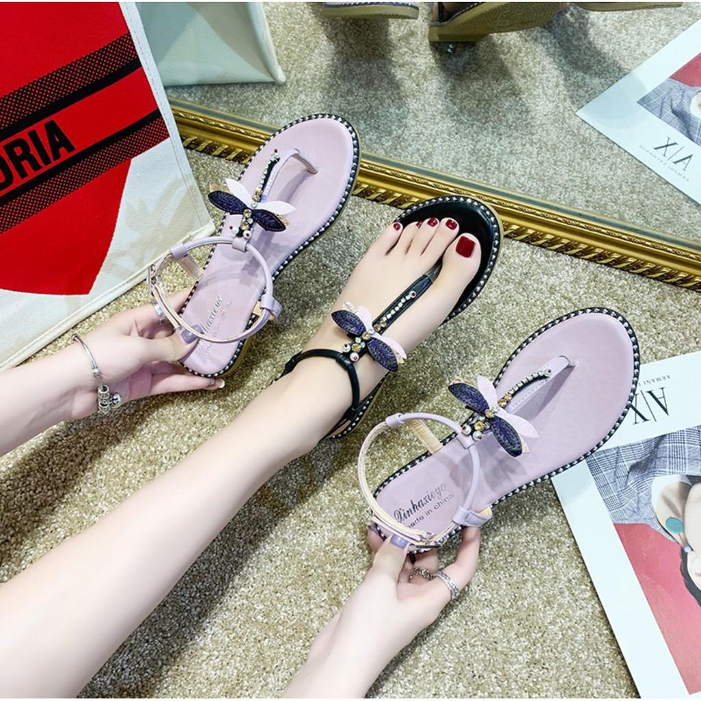 Dép sỏ Ngón nữ = Sandal nữ Đính Hạt Ngọc Đính đá 2 Màu Tím & Đen mẫu siêu xinh, giày nữ đẹp giá rẻ