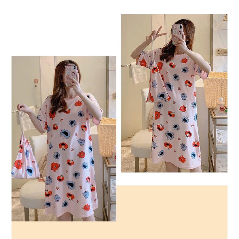 Váy ngủ, váy mặc nhà cộc tay dáng suông chất cotton mềm mát họa tiết hoạt hình dễ thương V285