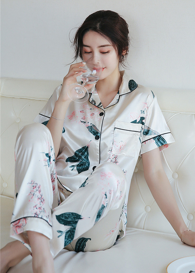 Bộ Pijama nữ quần dài chất phi lụa vải mềm mịn hoạ tiết hoa lá CDANP10