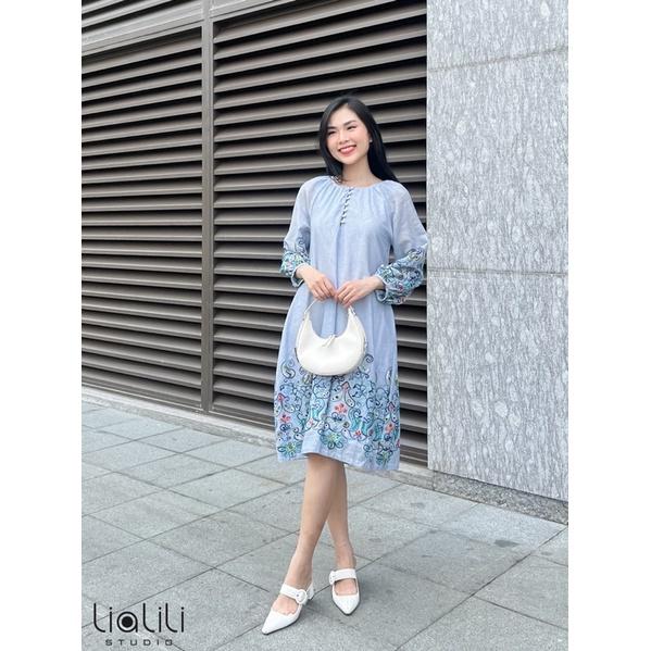 Đầm lửng thêu hoa ,chất kate thêu hoa -Thiết kế từ