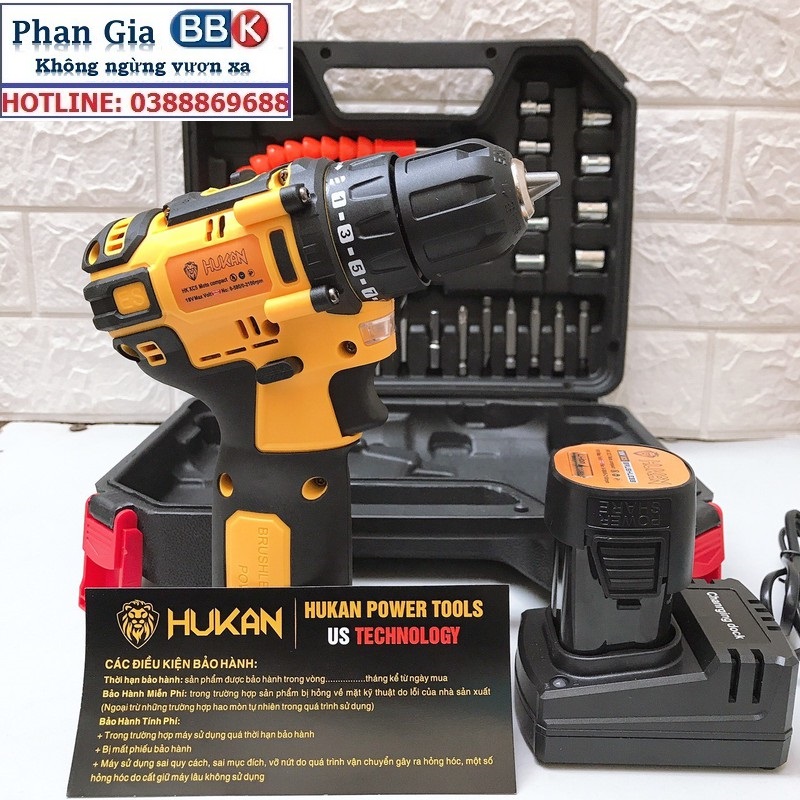 Máy Khoan Pin Hukan 18V KHÔNG CHỔI THAN Tặng Kèm 23 Chi Tiết