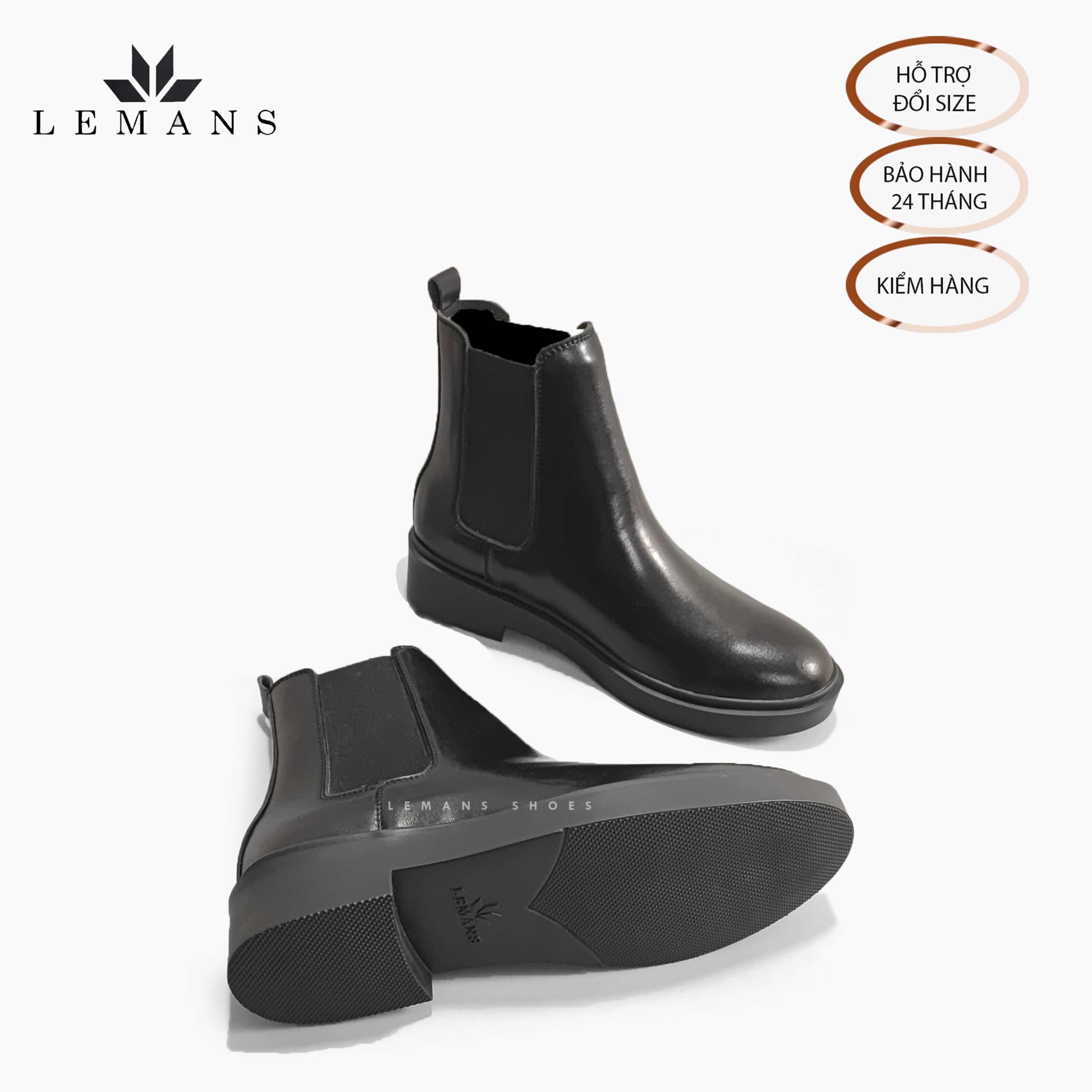 Giày da bò Chelsea Boots Black LEMANS CB66, đế lemans cao 4cm, boot nam chelsea boot nam, bảo hành 24 tháng