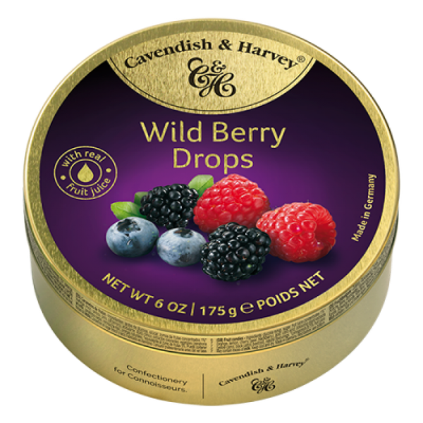 Kẹo Trái Cây Rừng Cavendish &amp; Harvey (175g) Wild Berry Drops Hộp Thiếc Vàng Nhập Khẩu